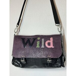 Barbara Rihl Messenger Bag Black& Purple Stamped Leather "WILD"Made in‎ France